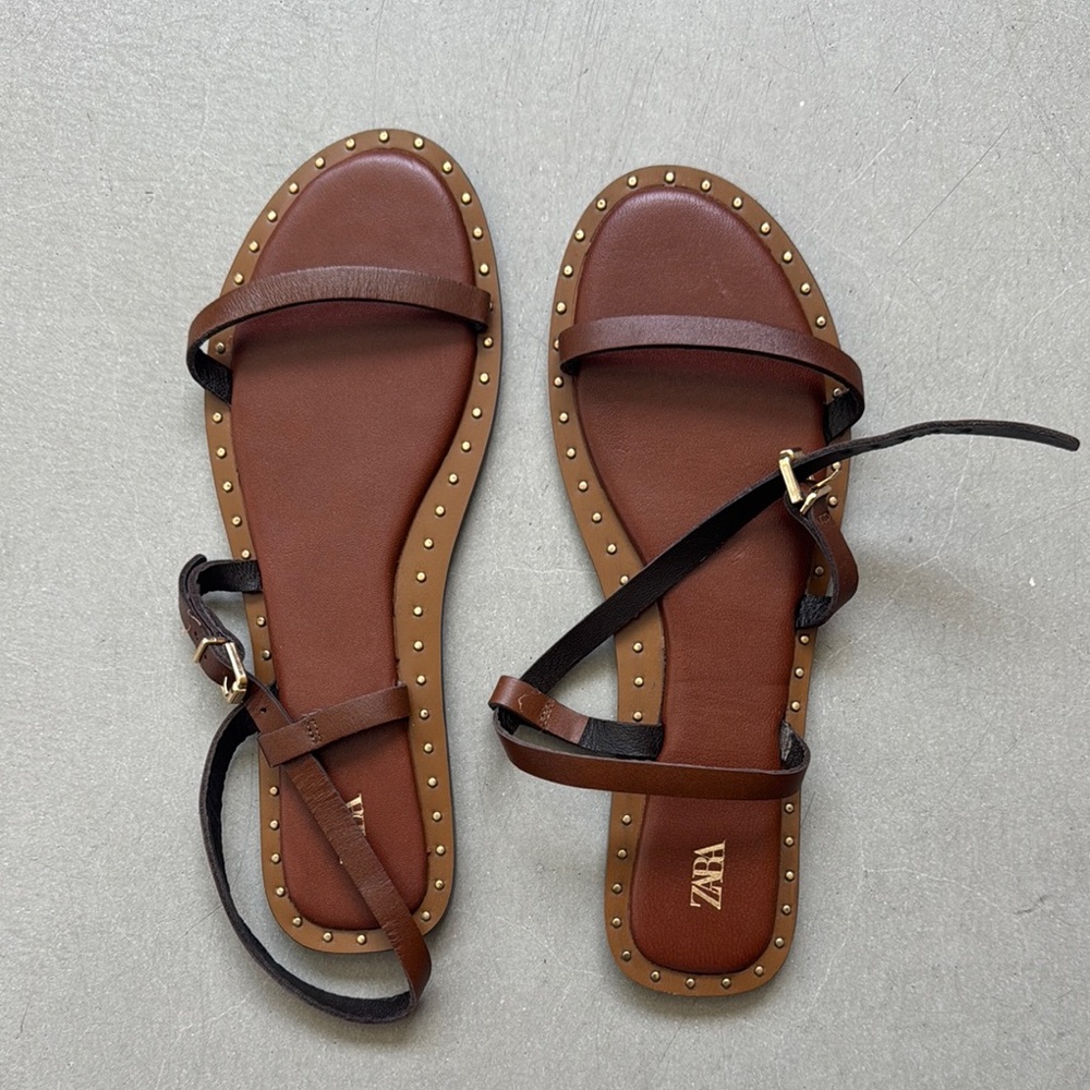 Zara Brown Leather Stud-Trim Flat Sandals